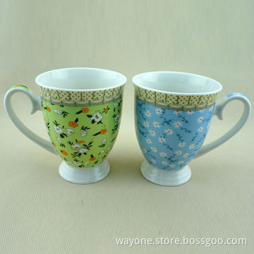 New Bone China Mugs, 13oz Volume, Flowers with Green/Blue Background, Ideal for Promotional Gift